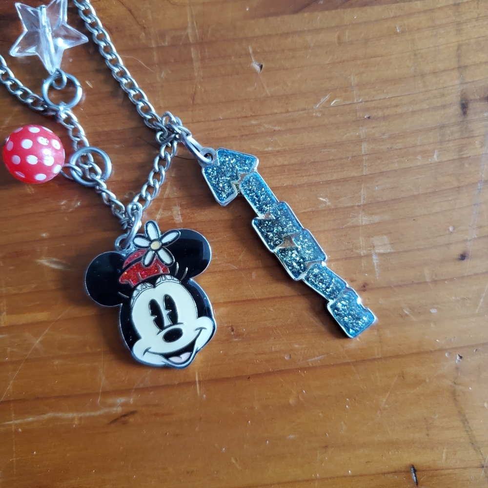 DISNEY Minnie Mouse silver charm necklace red white polka dot ball star glitter - Picture 6 of 7